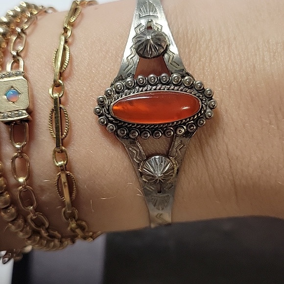 Sterling Silver Style Orange Oval Stone Cuff Bracelet - Picture 3 of 11